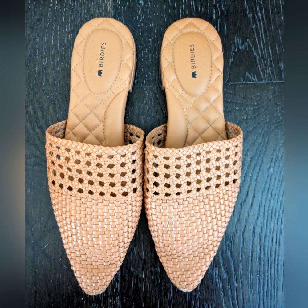 Birdies Dove Woven Tan Mules, size 8